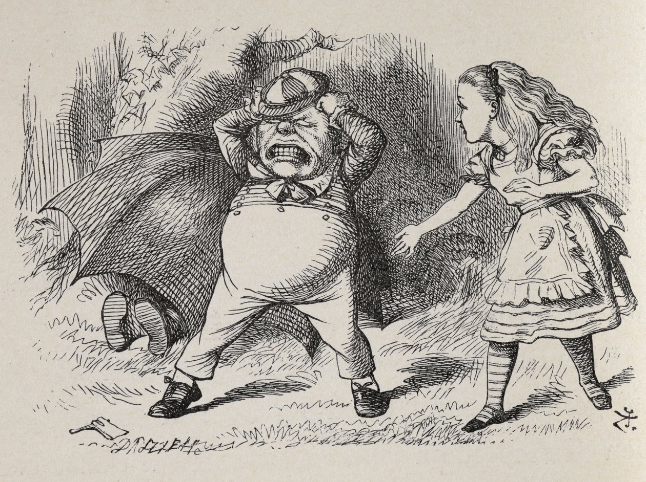 Alice with Angry Tweedledum and hiding Tweedledee.   1352292   no       norwegian Successfully Translated  Original: Album of Miscellaneous Subjects, Leaf 2 Translat: Jahangir, 17th century. 1206396 no norwegian Successfully Translated Original: Le Charge  av John Tenniel