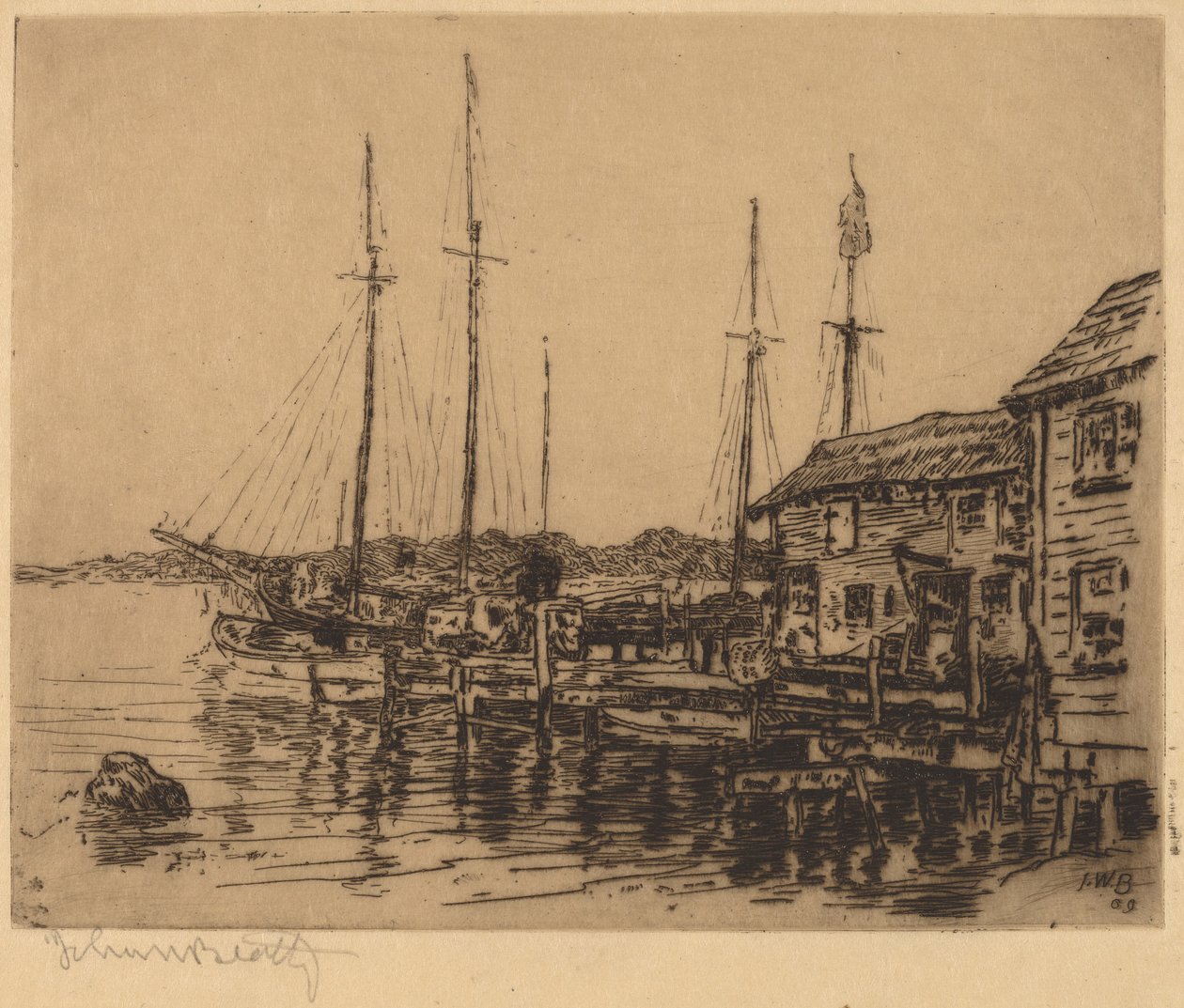 Fiskebåter langs Quay, Noank, Conn. av John Wesley Beatty
