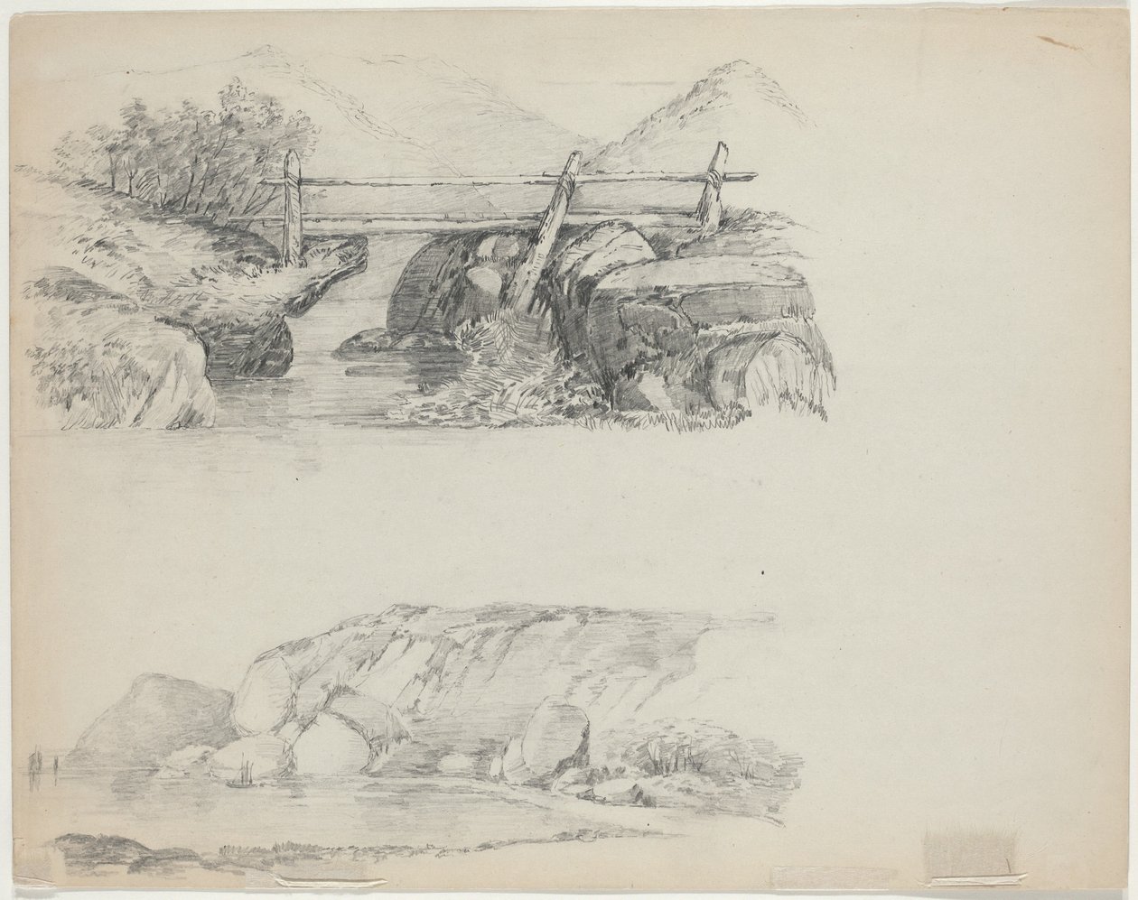 Bro over Rocky Stream [øverste verso] av John William Casilear