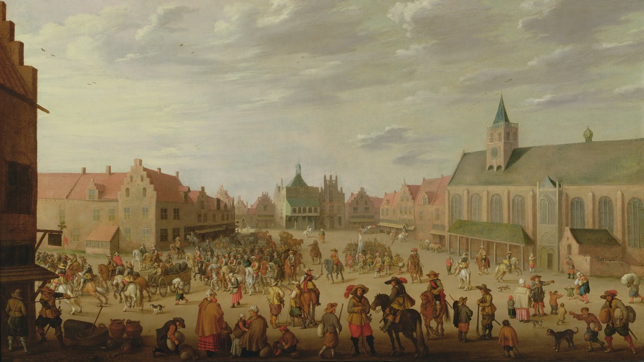 En militær prosesjon på torget i Amersfoort av Joost Cornelisz. Droochsloot