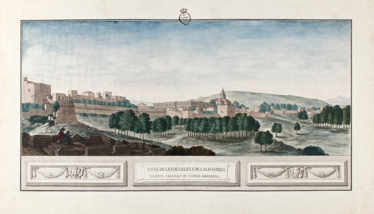 Utsikt over Alhambra i Granada, fra Torres Bermejas slott. av José de Hermosilla