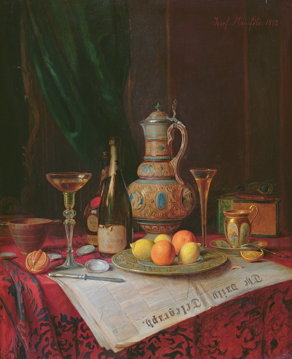 Stilleben med en flaske champagne, 1882 (panel) av Josef Mansfeld