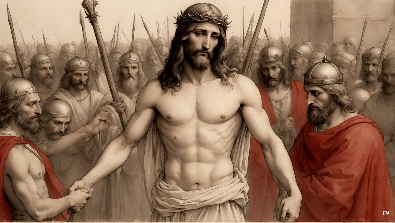 Jesus_hånet og slått av romerske soldater_01 av Josef Johann Michel