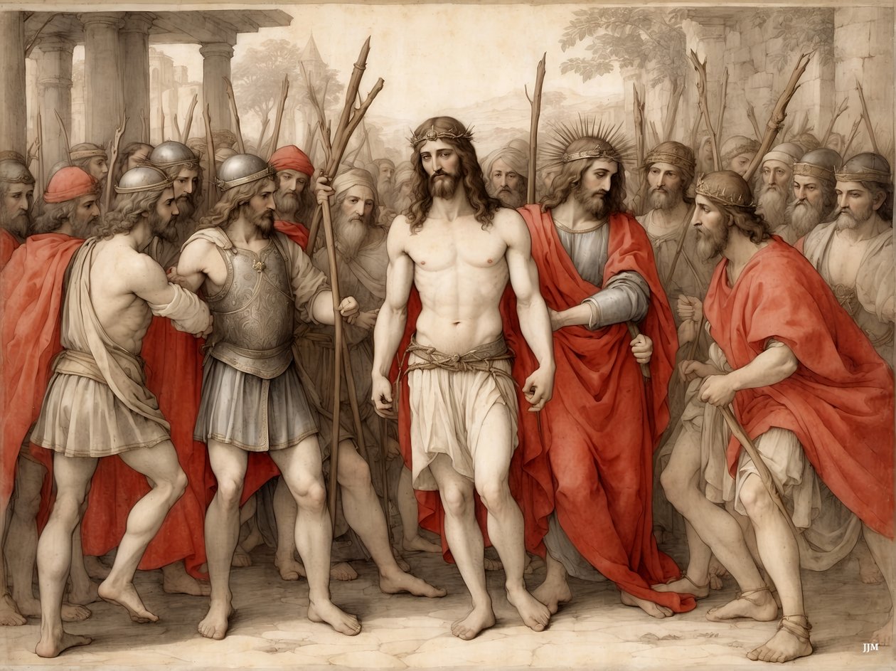 Jesus_hånet og slått av romerske soldater_02 av Josef Johann Michel