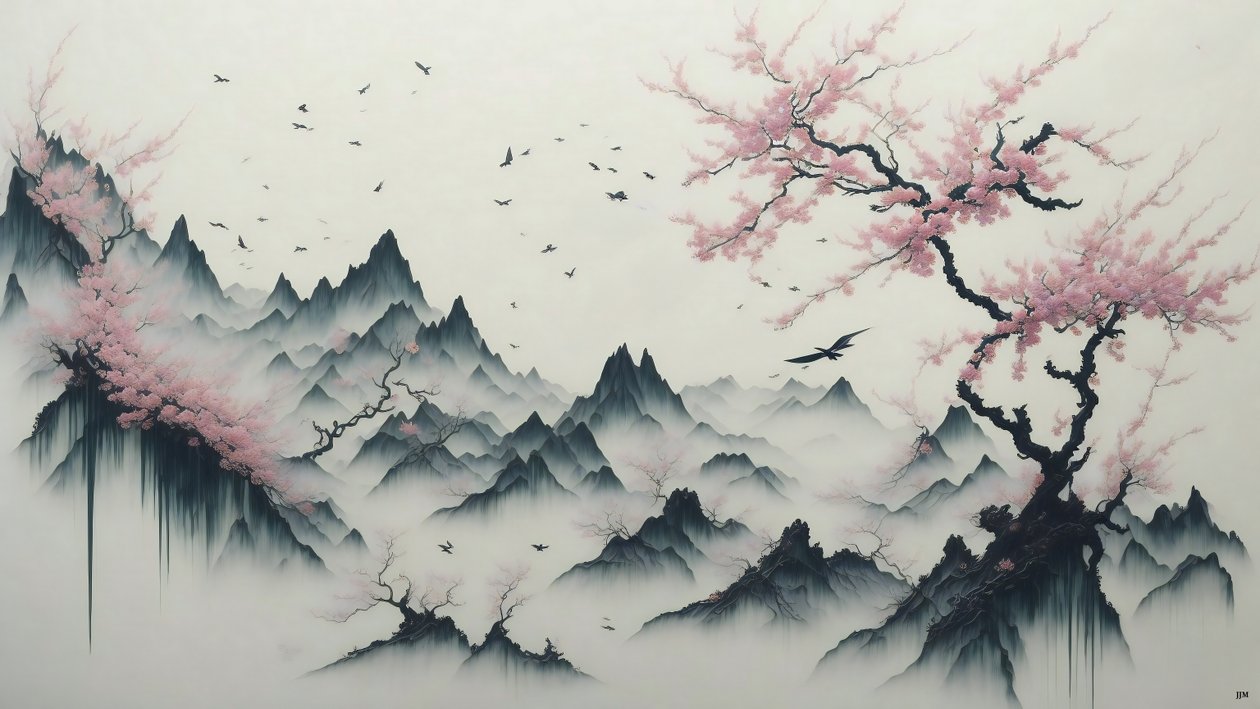 blekkmaleri: Cherry Blossom trees blooming_01 av Josef Johann Michel