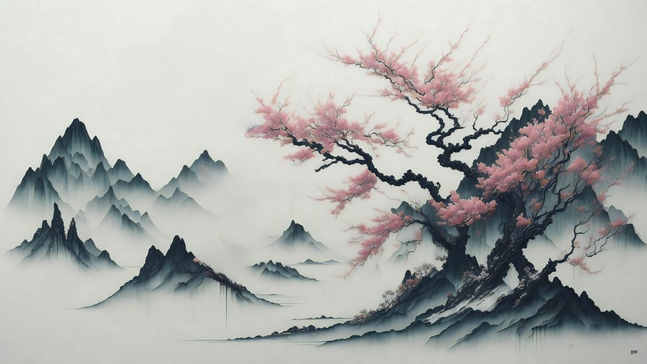 blekkmaleri: Cherry Blossom trees blooming_02 av Josef Johann Michel