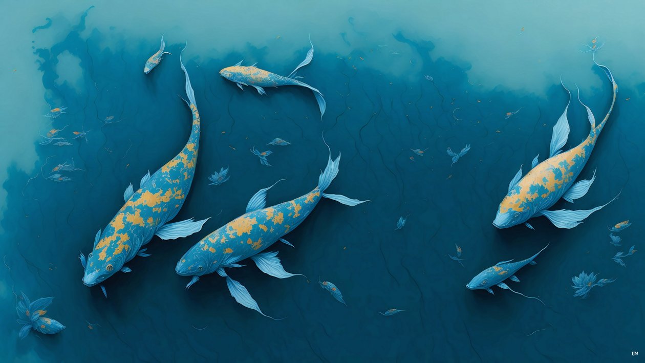 blekkmaleri: Koi-Karpfish_blue_01 av Josef Johann Michel