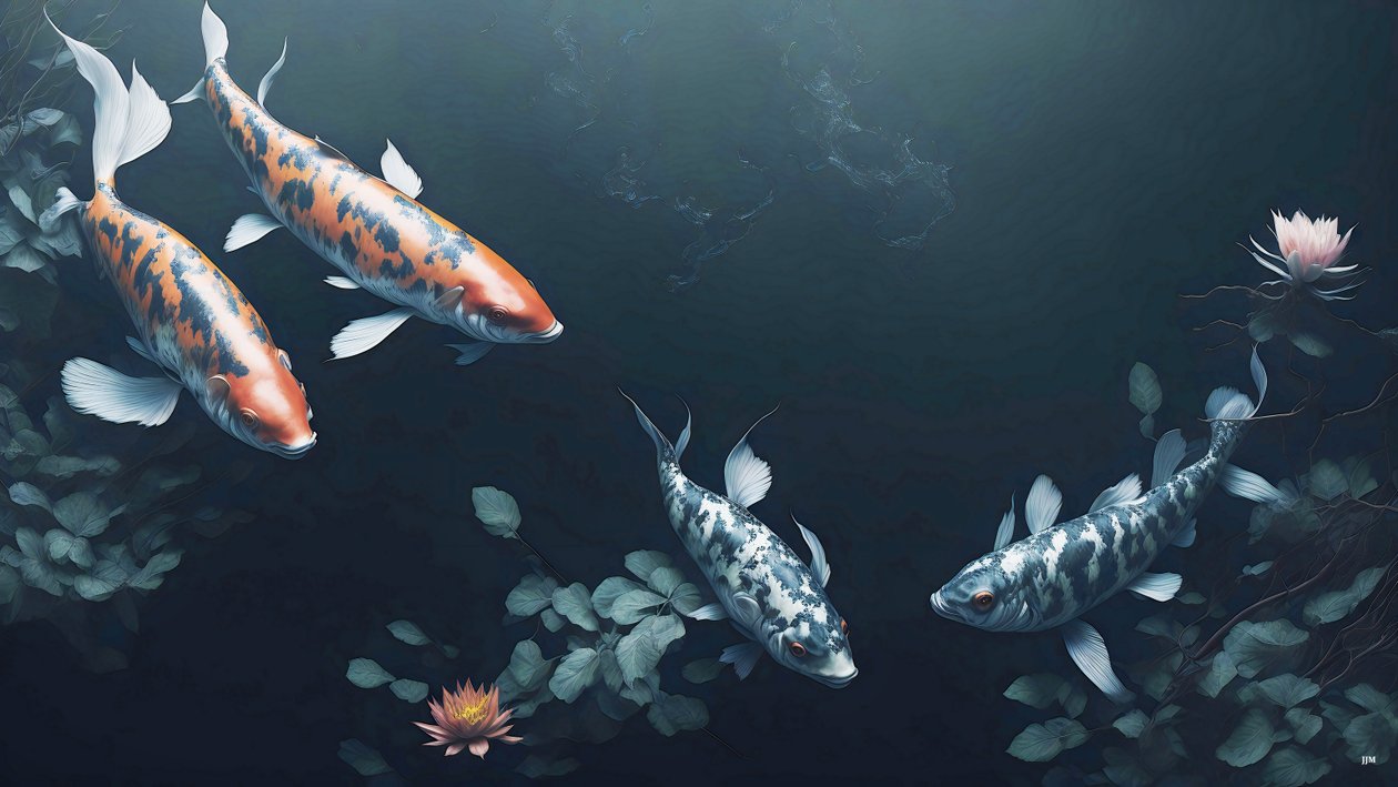 blekkmaleri: Koi-Karpfisk_rød+hvit_01 av Josef Johann Michel