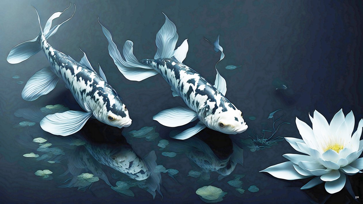 blekkmaleri: Koi-Karpfish_white marble_02 av Josef Johann Michel