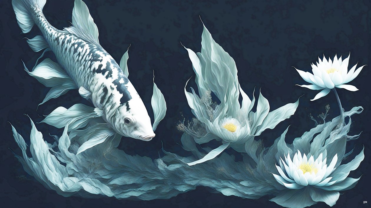 blekkmaleri: Koi-Karpfish_white marble_03 av Josef Johann Michel