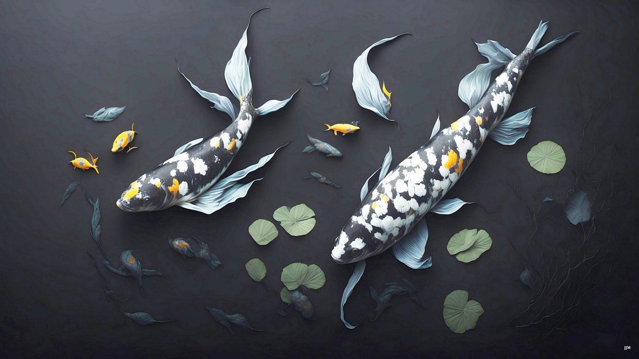 blekkmaleri: Koi-Karpfish_hvit marmor_05 av Josef Johann Michel