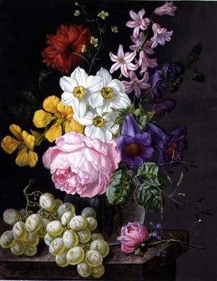 Roser, narcissi og blomster i en vase av Josef Lauer