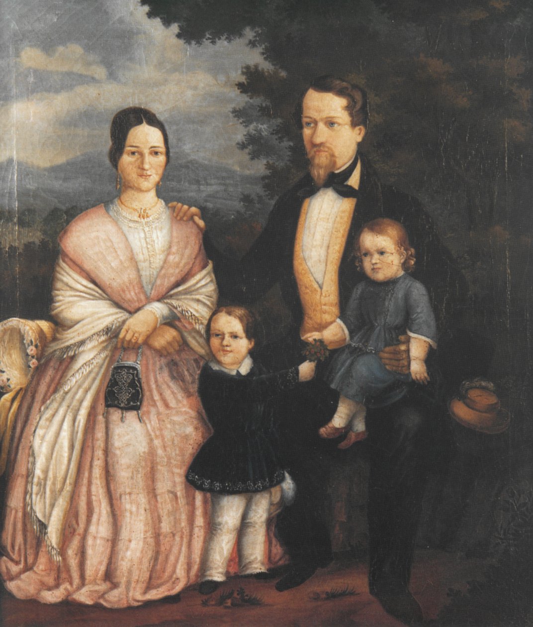 Selvportrett av Joseph Bayer med sin kone Lisette Bayer, født Kerner, og deres barn Eugen (* 1846) og Albert (* 1851); Oljemaleri, 1853 av Joseph Bayer