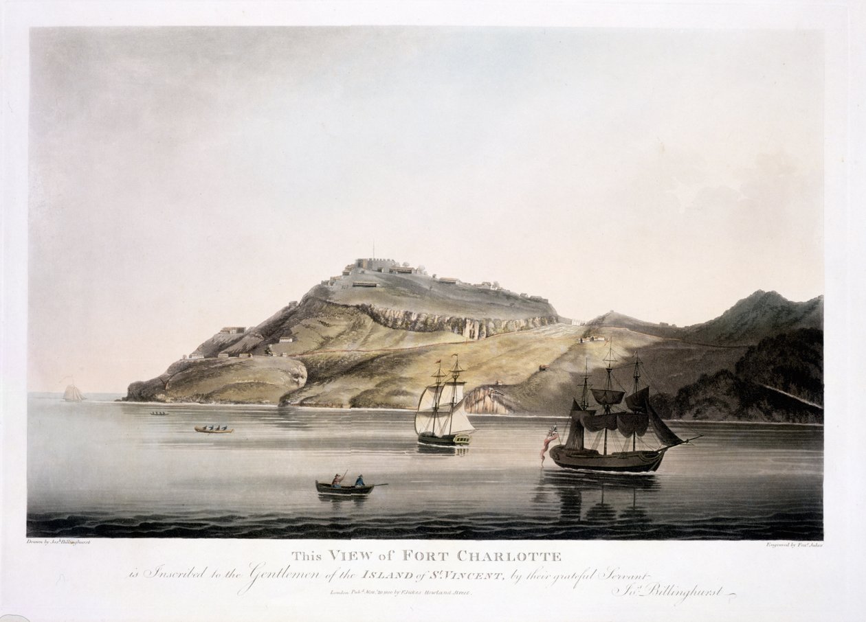 Utsikt over Fort Charlotte på øya St. Vincent, gravert og pub. av Francis Jukes (1747-1812), 1800 (farget akvatint) av Joseph Billinghurst