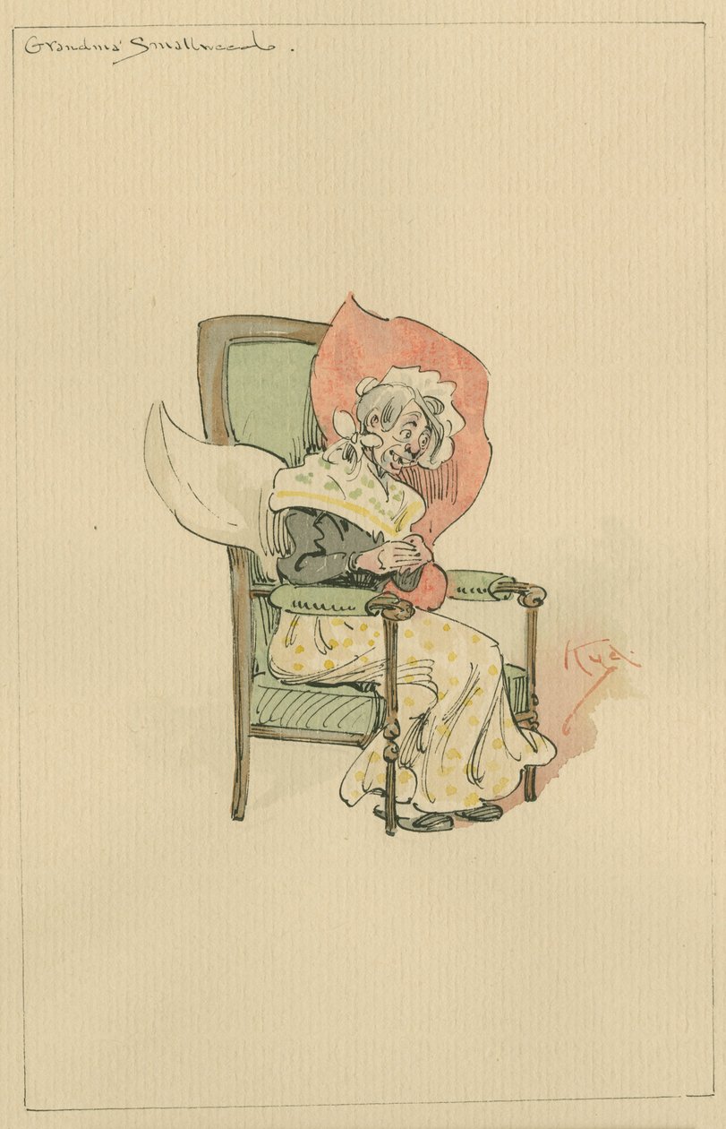 Bestemor Smallweed, ca 1920-tallet (penn og blekk med wc på papir) av Joseph Clayton Clarke