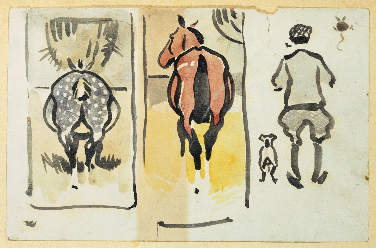 En side fra en utklippsbok som inneholder 43 skisser av Joseph Crawhall