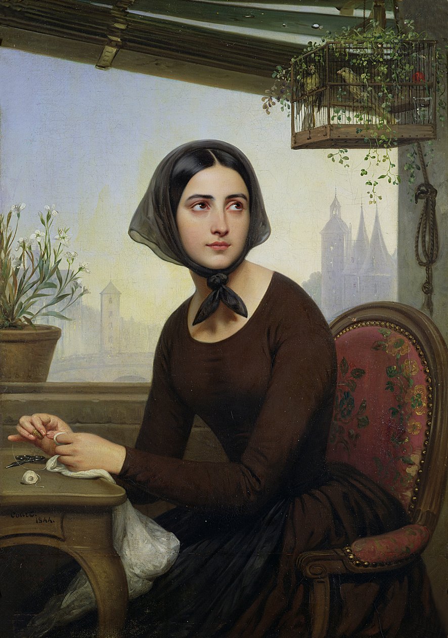 Rigolette prøver å distrahere seg selv under Germains fravær, 1844 av Joseph Desire Court