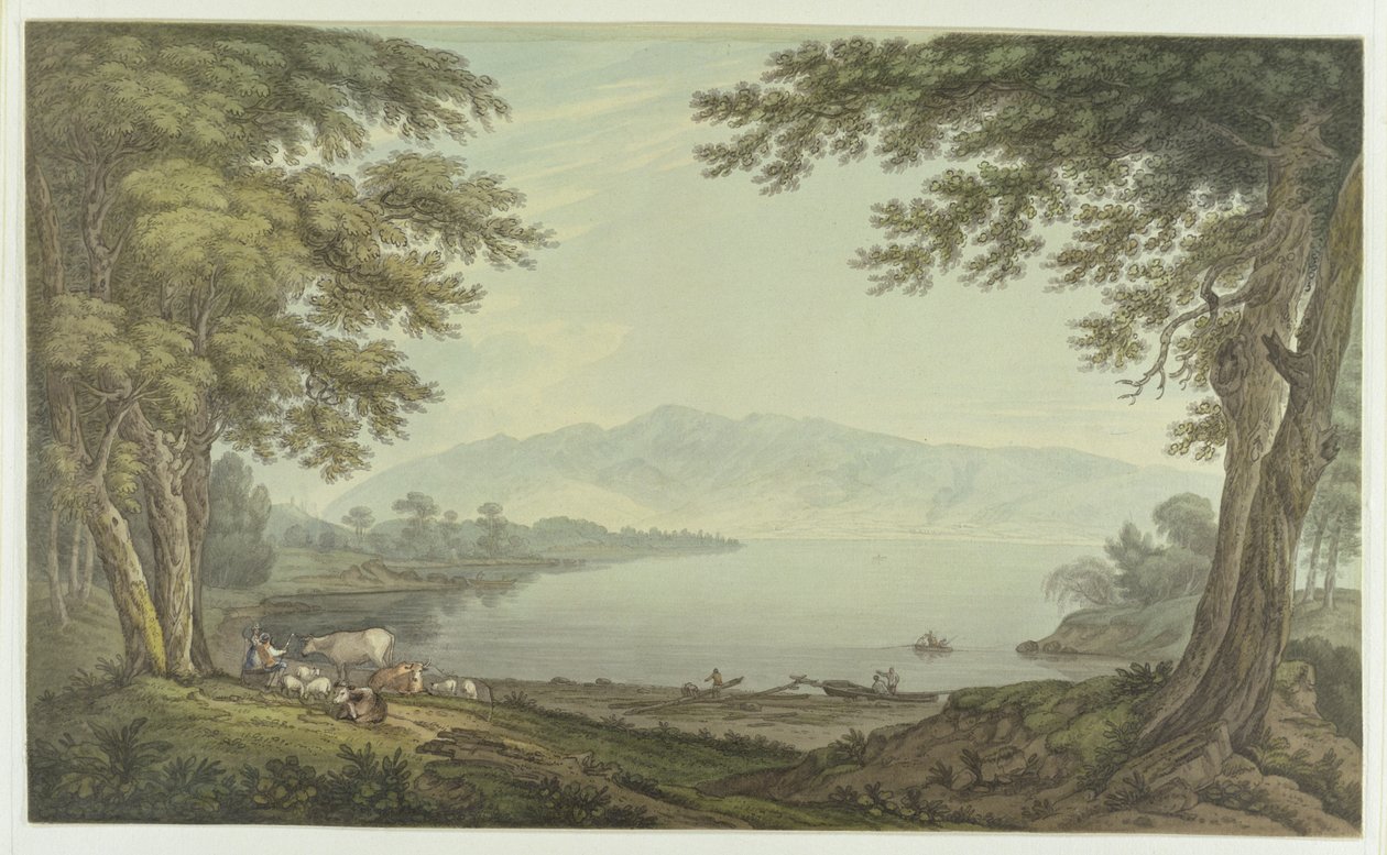 Skiddaw og Derwent Water (penn og blekk med wc over grafitt på vevd papir) av Joseph Farington