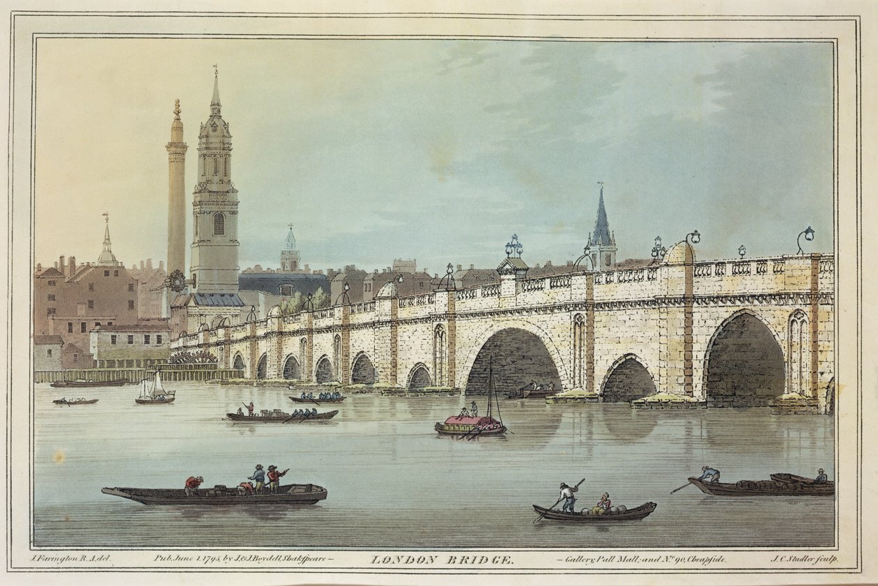 Utsikt over Old London Bridge, gravert av J.C. Stadler (fl.1780-1812), 1795 (farget akvatint) av Joseph Farington