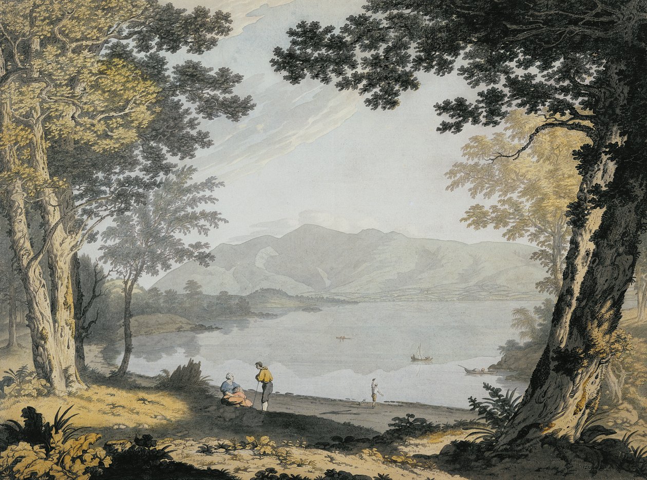 Utsikt over Skiddaw og Derwentwater, ca. 1780 (wc og penn over blyant) av Joseph Farington