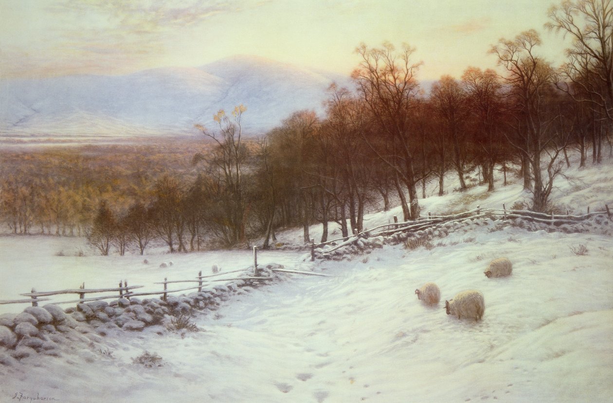 Snødekte felt med sauer av Joseph Farquharson