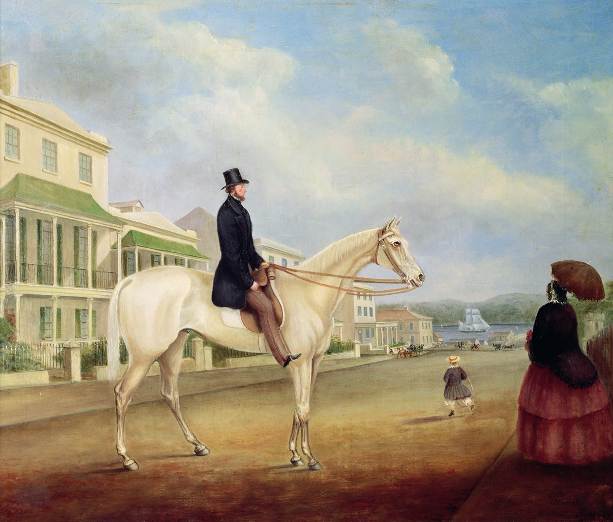 Rytter på en hvit hest, sannsynligvis i Macquarie Street North, ca. 1850 av Joseph Fowles
