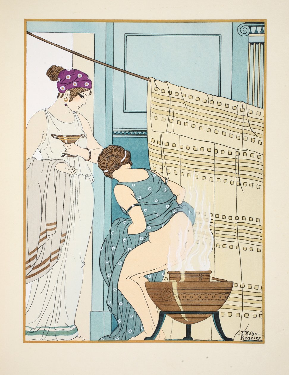 Kvinne sitter på en stor gryte, illustrasjon fra 'The Works of Hippocrates', 1934 av Joseph Kuhn Regnier