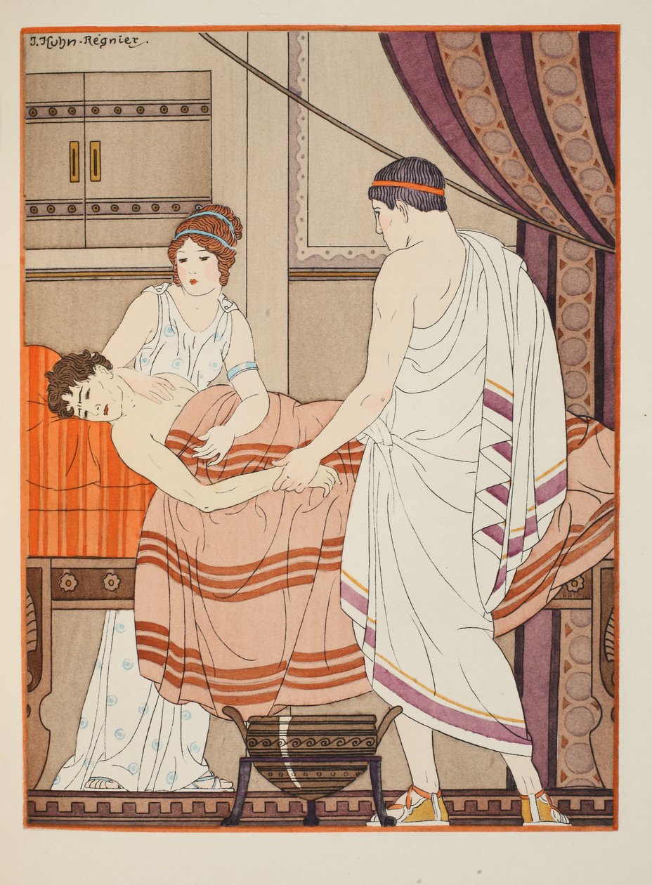 De som skjelver for hånden til en lege, illustrasjon fra 'The Works of Hippocrates', 1934 av Joseph Kuhn Regnier