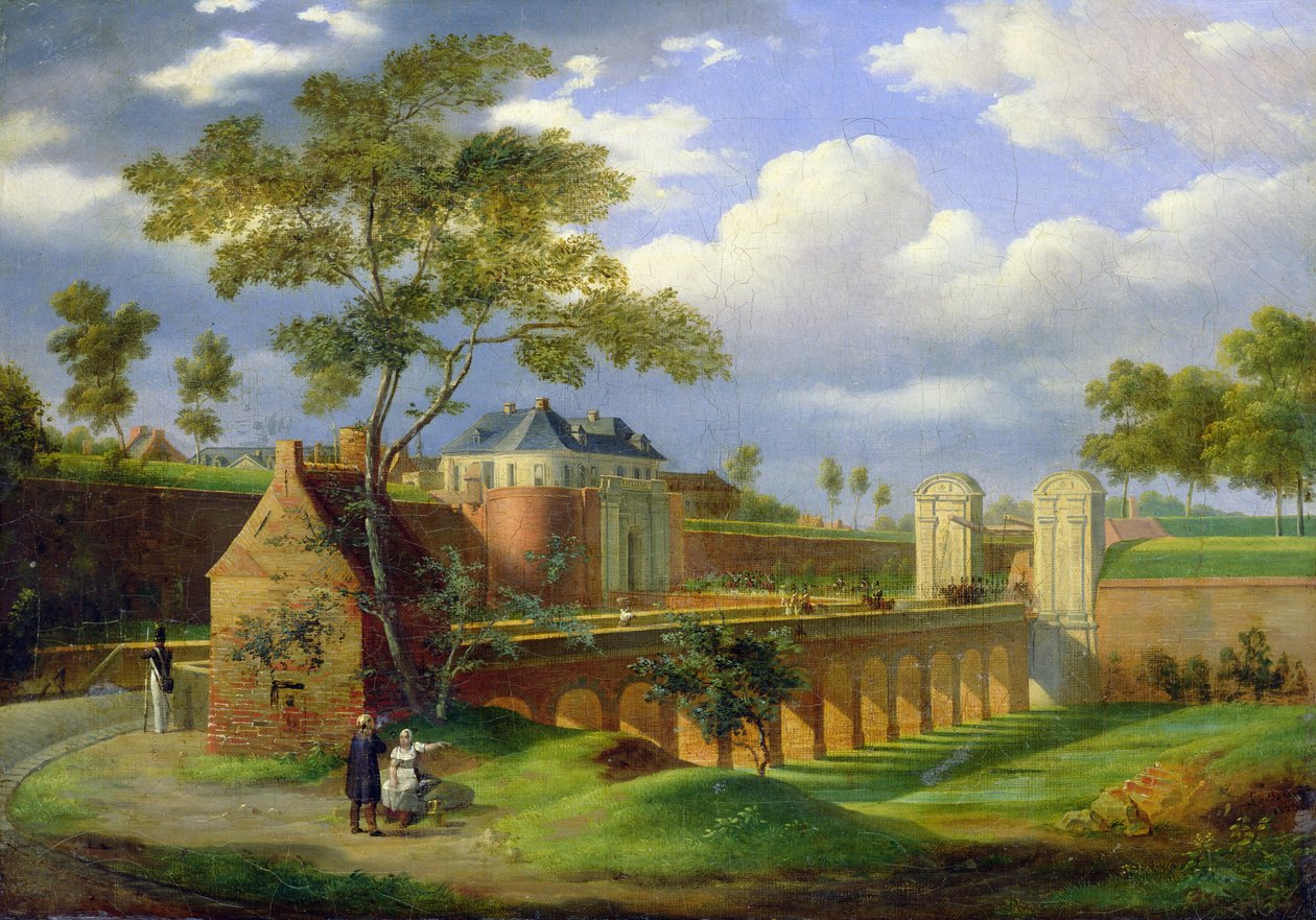 Utsikt over Porte de Valenciennes i Douai, 1823 av Joseph Louis Leborne