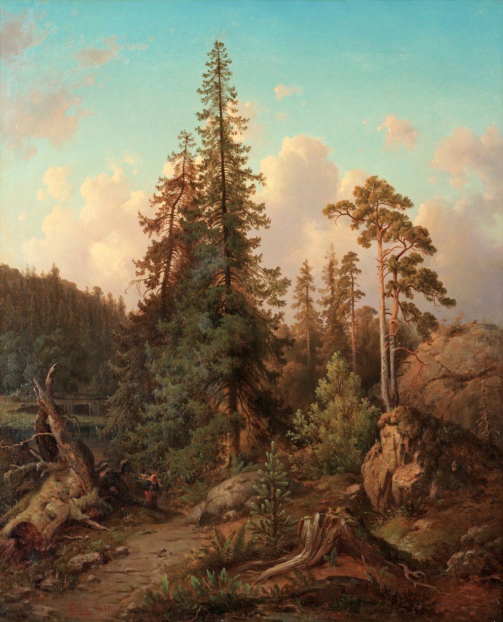 Skoglandskap med kvinne som samler tre av Joseph Magnus Stäck