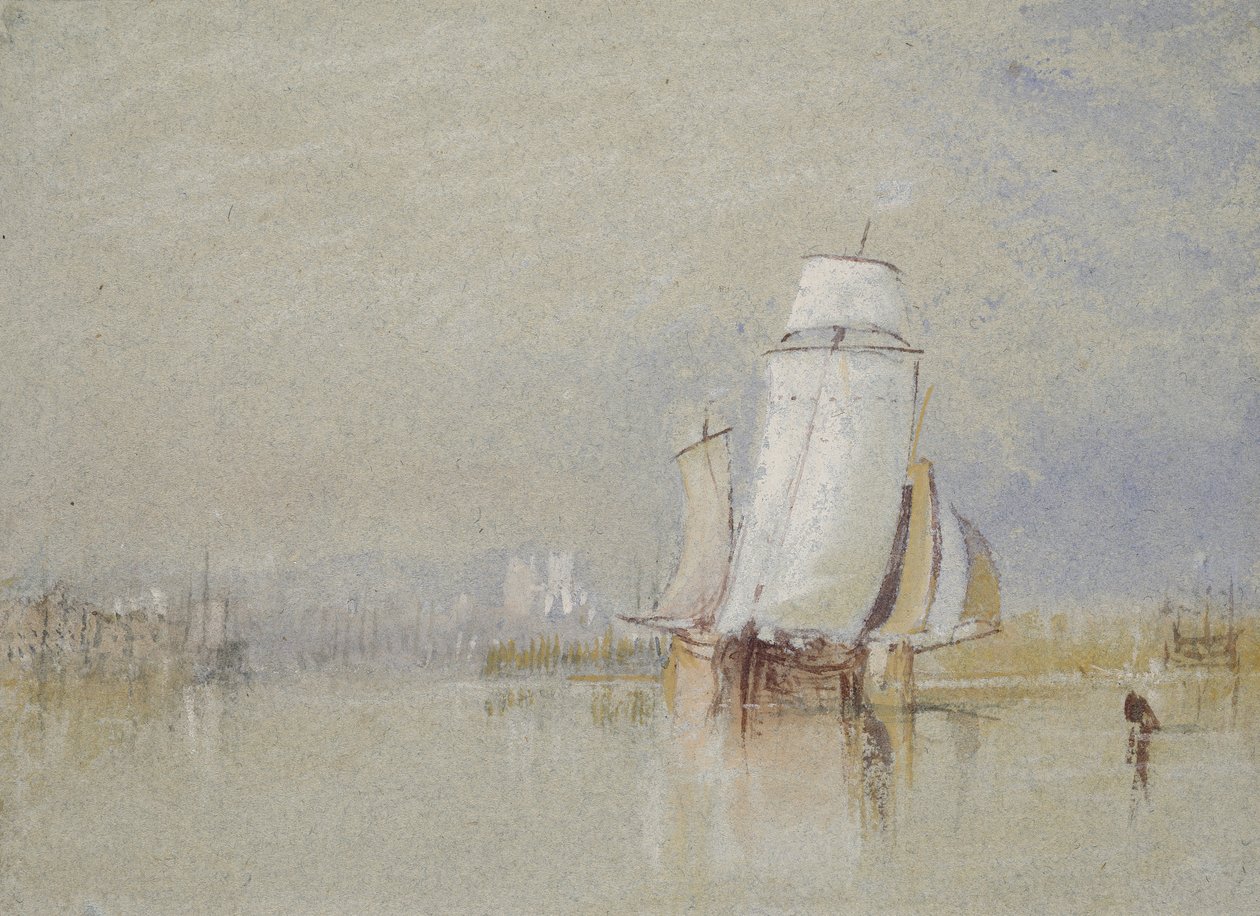 Calm on the Loire, 1832 (akvarell med kroppsfarge og penn og brunt blekk på blått papir) av Joseph Mallord William Turner