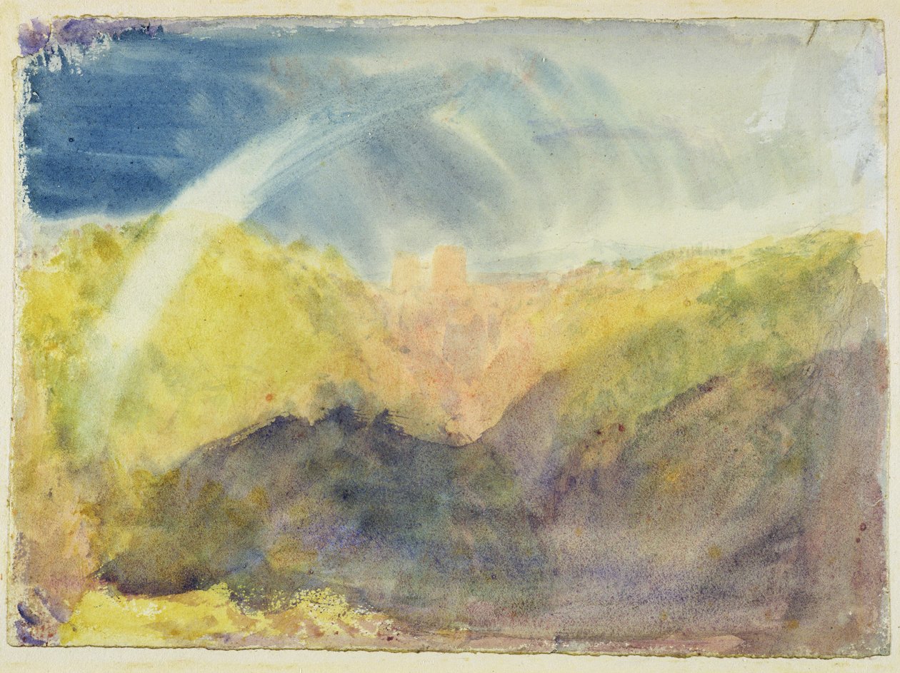 Crichton Castle (fjelllandskap med regnbue) ca. 1818 (wc over grafitt på vevd papir) av Joseph Mallord William Turner