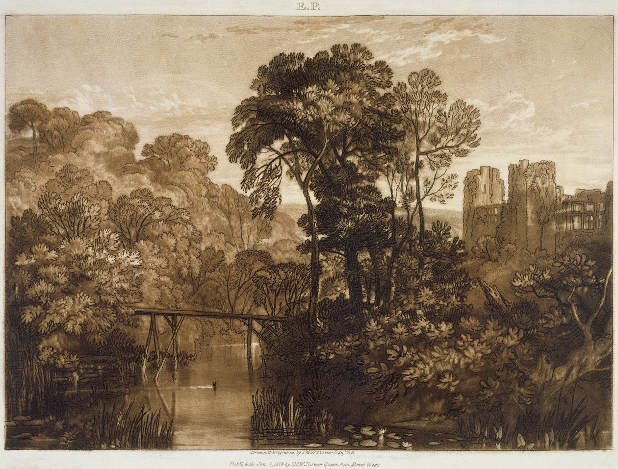F.58.I Berry Pomeroy Castle, fra 'Liber Studiorum', gravert av kunstneren, 1816 av Joseph Mallord William Turner