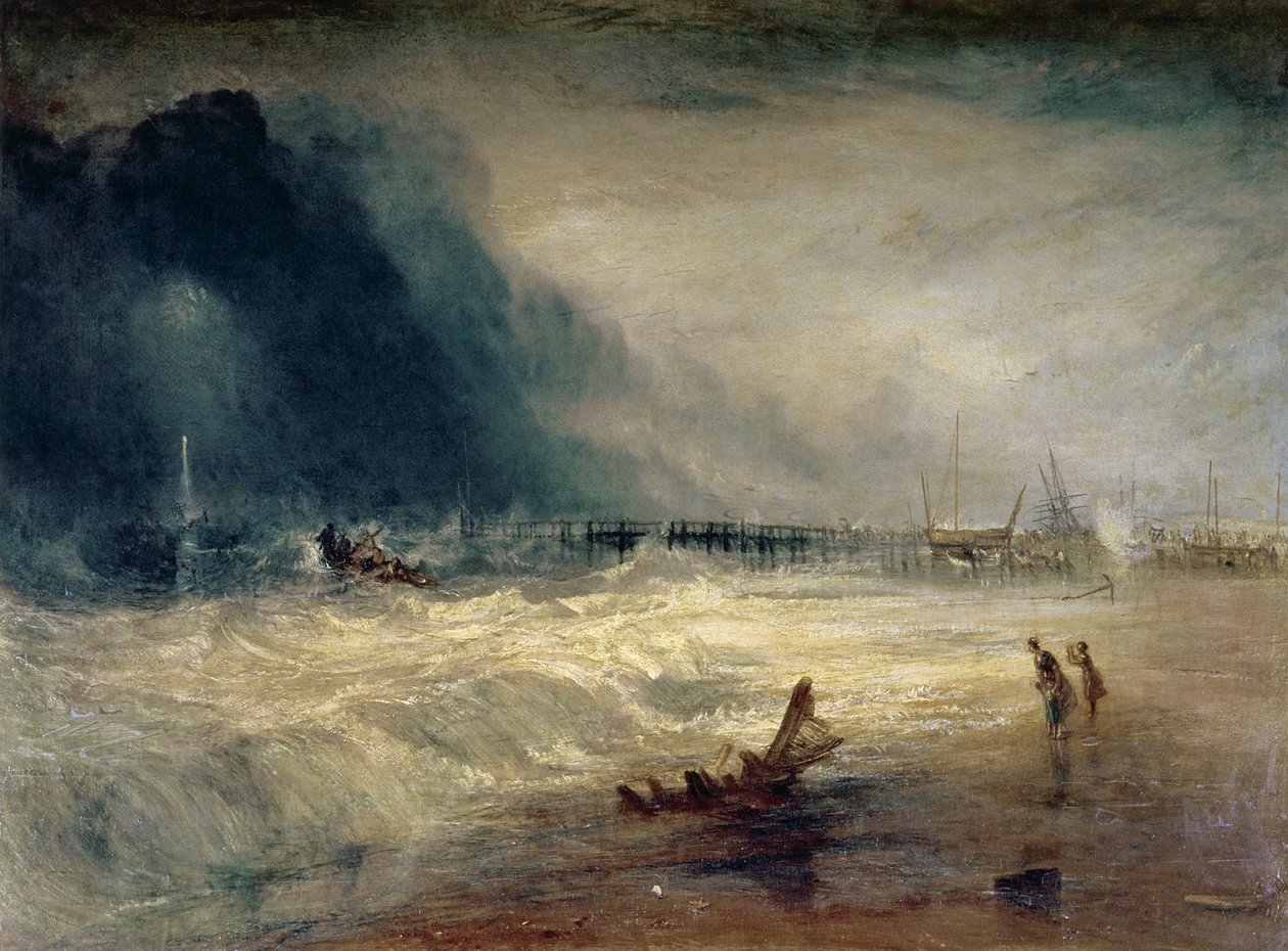 Redningsbåt og Manby Apparatus går til et strandet fartøy som gir signal (blålys) om nød, ca. 1831 av Joseph Mallord William Turner