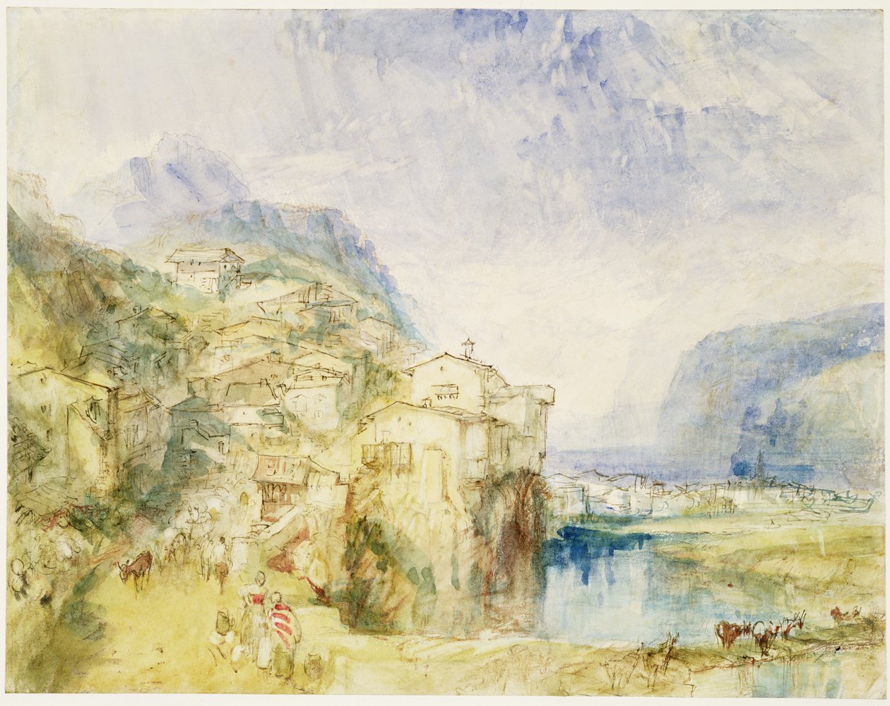 No.0584 Brunnen, med Vierwaldstättersee i det fjerne, ca. 1842 (wc og blekk) av Joseph Mallord William Turner