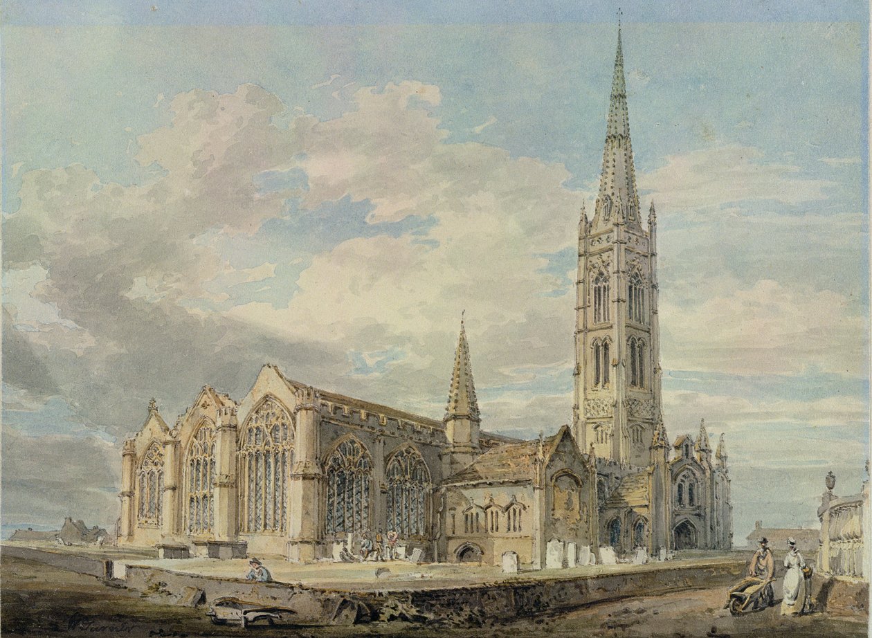 Nordøstutsikt over Grantham Church, Lincolnshire, ca. 1797 (wc over grafitt på papir) av Joseph Mallord William Turner