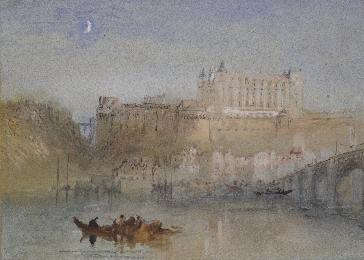 Broen og slottet i Amboise, ca. 1830 (akvarell over grafitt med kroppsfarge og penn og brunt, svart og rødlig blekk) av Joseph Mallord William Turner