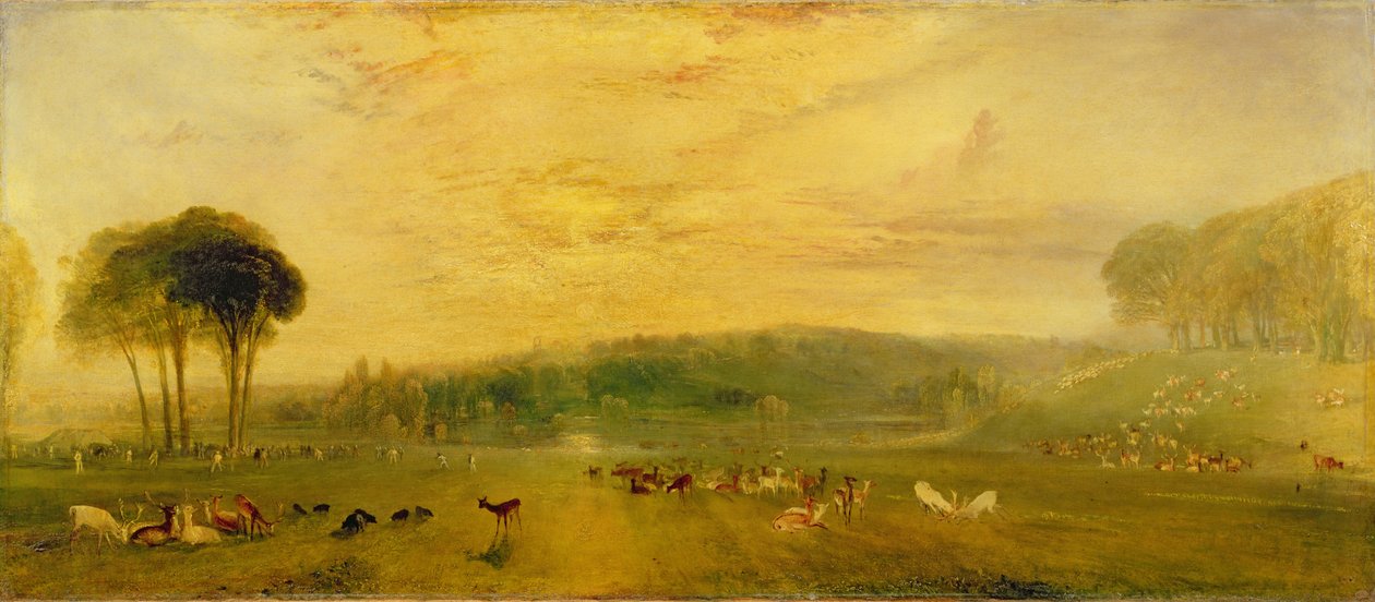 The Lake, Petworth: Sunset, Fighting Bucks, ca. 1829 av Joseph Mallord William Turner