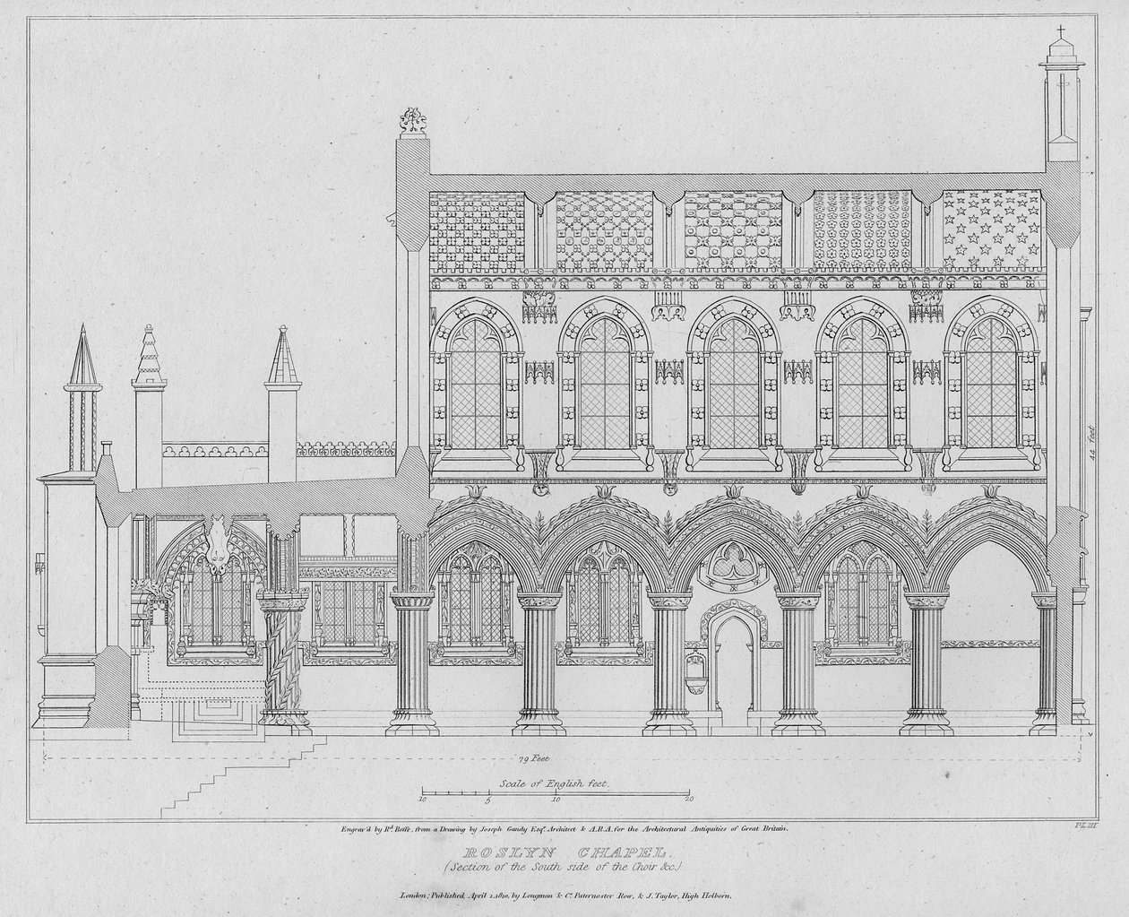 Roslyn Chapel, del av sørsiden av koret, gravert av Richard Roffe, 1810 av Joseph Michael Gandy