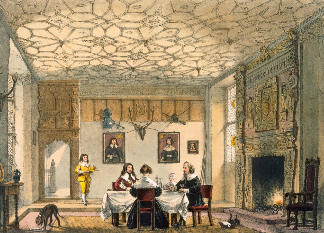 Middelaldersk familiemiddag, Wakehurst Place, Surrey, ca. 1600 fra 'Architecture of the Middle Ages', publisert 1838 av Joseph Nash