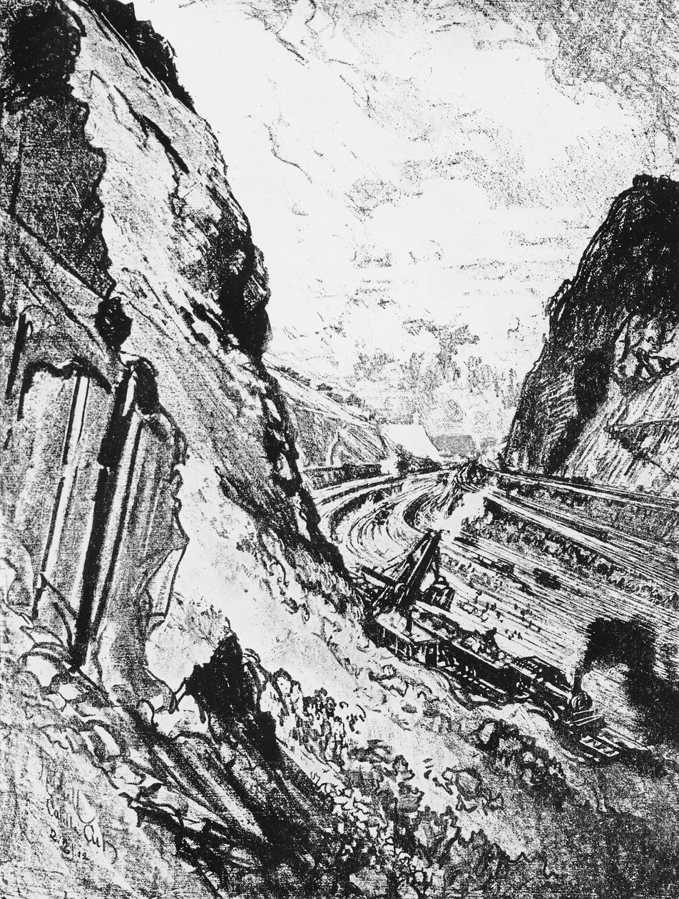 The Cut Looking Towards Culebra, plate XV fra 'The Panama Canal' av Joseph Pennell, 1912 (kull på papir) av Joseph Pennell