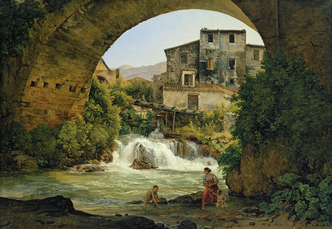 Under buen til en bro i Italia, 1822 av Joseph Rebell