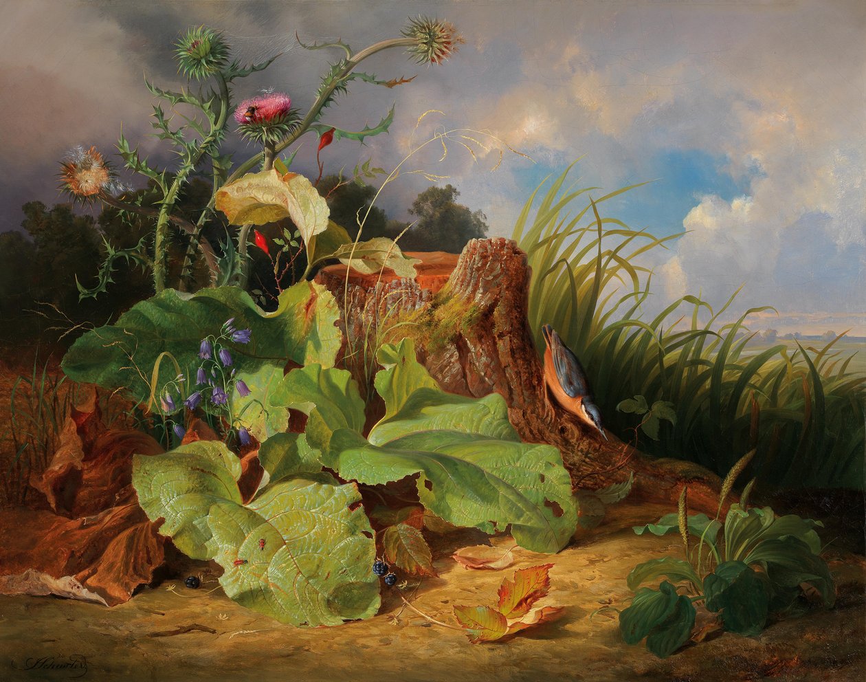 Stilleben med tistler, blåklokker, hyller og nuthatch av Joseph Schuster