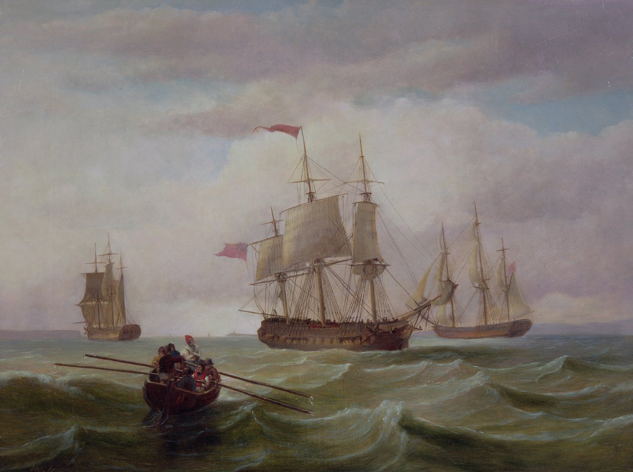 Tre østindiamenn i Bristol Channel av Joseph Walter
