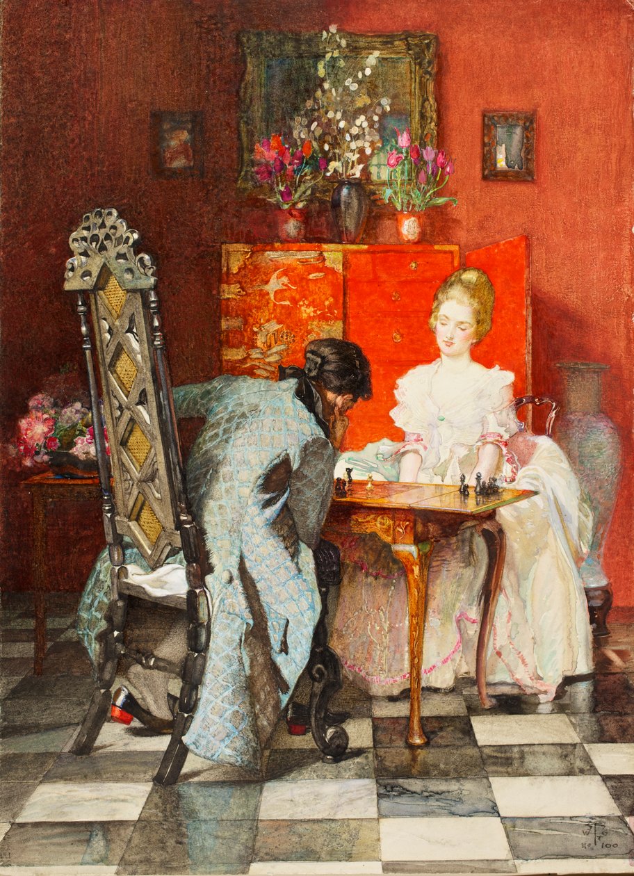 The Chess Players, or Black to Move, 1920 (wc und gouache på papir) av Joseph Walter West