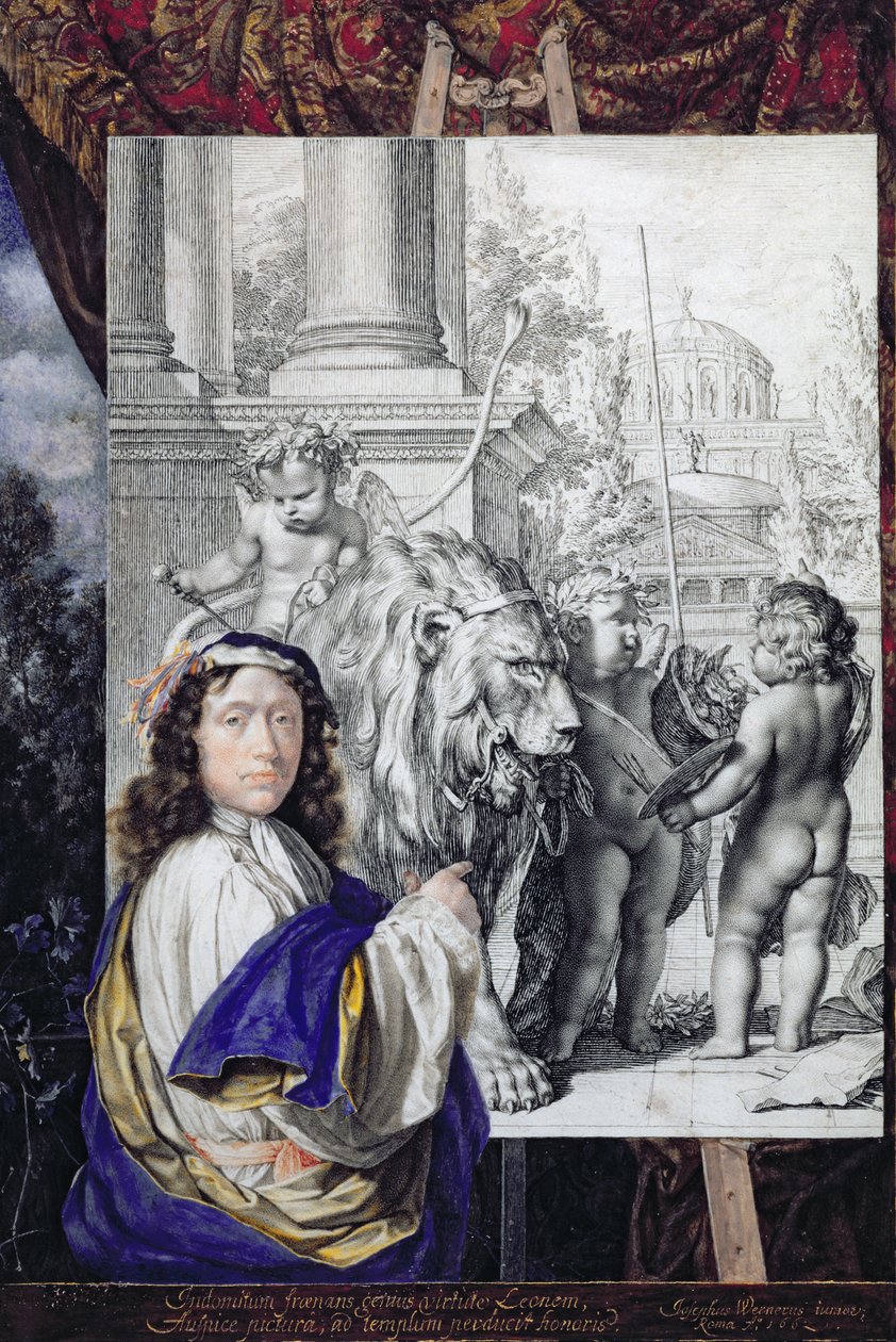 Selvportrett, 1662 (penn og blekk og toalett på vellum) av Joseph Werner