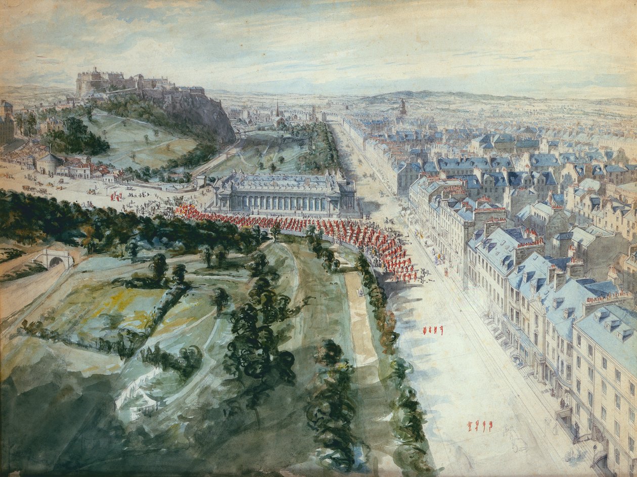 Princes Street, Edinburgh Looking West, 10.15 august, 1847, viser Parade, West of the Institution (wc) av Joseph Woodfall Ebsworth