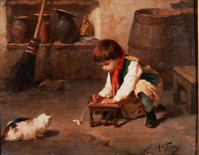 Leke med kattungen (panel) av Joseph Athanase Aufray