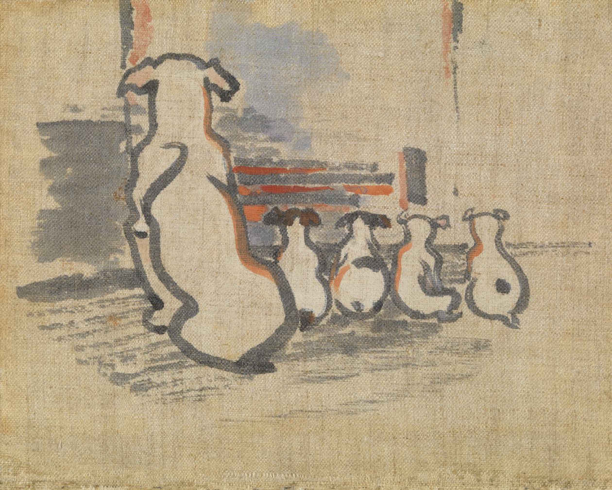 Revehund og valper (gouch på lin) av Joseph Crawhall
