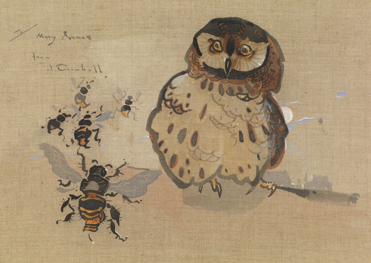 Ugle og bier (gouache på lin) av Joseph Crawhall